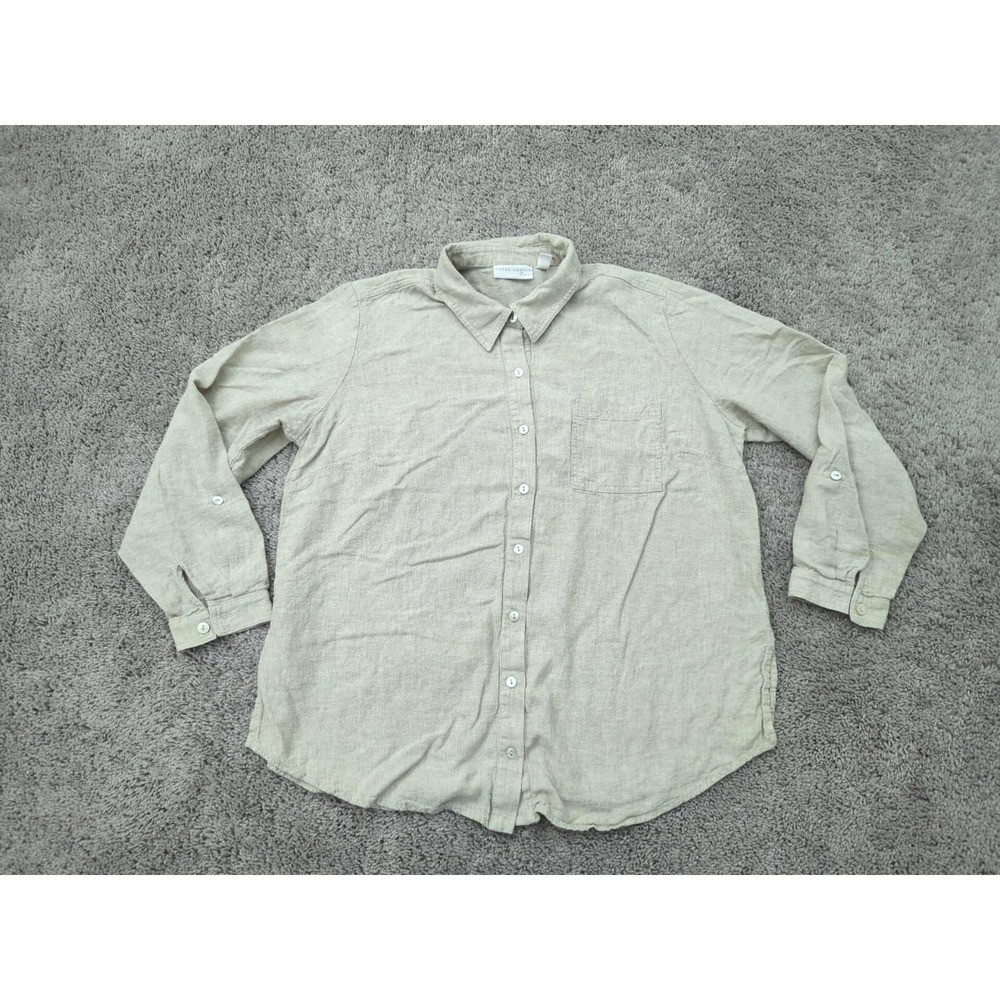 Susan Graver Pure Button Up‎ Shirt Womens Large Beige Casual 55% Linen